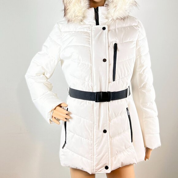 NWT London Fog White Belted Puffer Jacket, Faux Fur Hood, Size M - Winter Coats - Picture 1 of 9